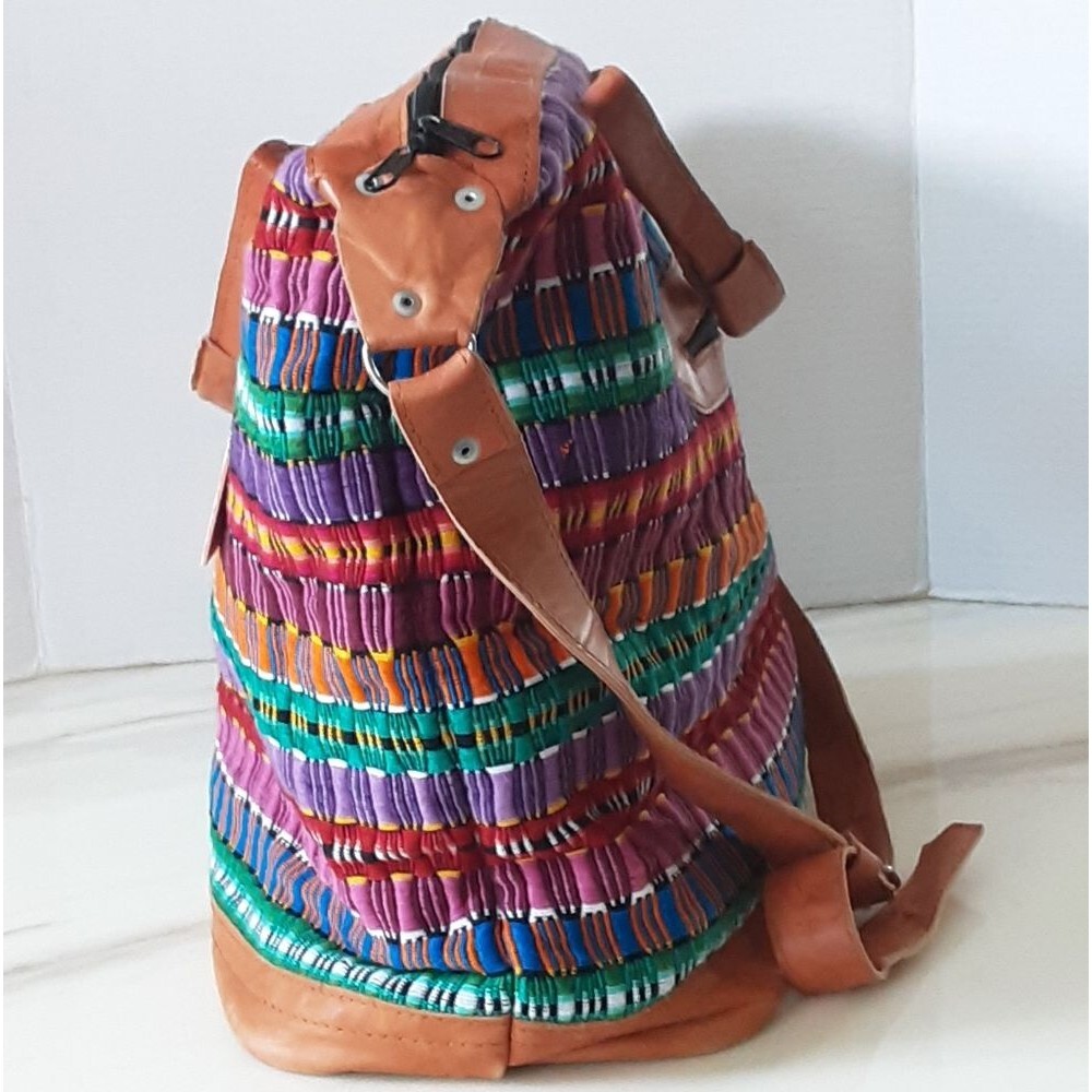 Guatemalan Hola Amiga Colorful Cotton Woven | Leather Trim Large Tote Bag - NWOT